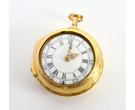 18th Century pair cased gold pocket watch, enamel dial with Roman numerals, minute tract and Arabic minute numbers, fusee mov