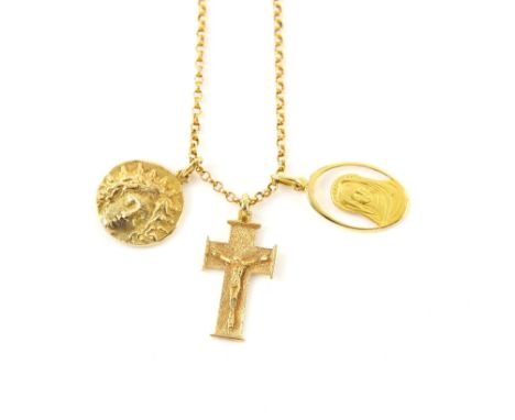 Gold belcher link chain with three pendants, one portrait of the Madonna, another crucifix, all stamped or testing as 18 ct a