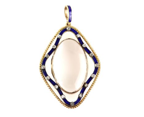 Antique open locket pendant, central oval glazed panels,  set within a old cut diamond and blue enamel quatrefoil frame, and 