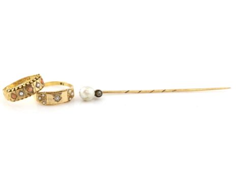 19th C pearl and diamond set pin, similar ring in 15 ct gold, and a pearl and coral set ring in 9 ct, dated 1874 .     stick 