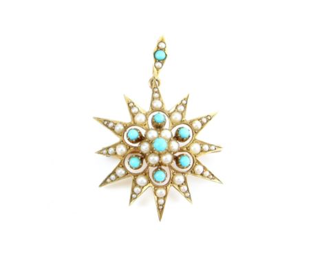 Late Victorian pearl and turquoise set star pendant, with brooch fitting, mounted in 15 ct gold, length 4.5 cm .     Good con