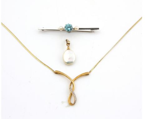 Modern diamond twist necklace, with integrated chain, a 1940's pearl and blue zircon bar brooch and a baroque pearl pendant, 