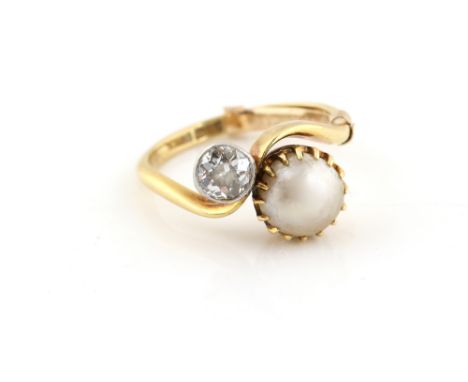 Edwardian old cut diamond and pearl twist ring, estimated diamond weight 0.38 carat, mounted in 18 ct and platinum, ring size
