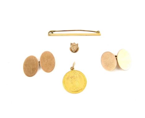 Group of gold items, a Victorian gold sovereign 1887, mounted as a pendant, a pair of plain oval cufflinks, 9 ct, tie pin and