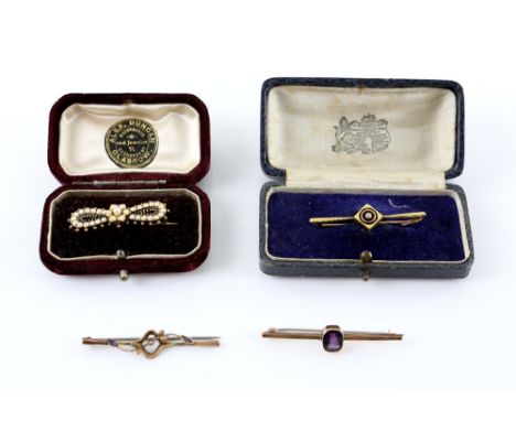 Four bar brooches, one antique set with seed pearls, mount testing as 18 ct, 3.9 x 1.1cm, in fitted Alex Duncan box, another 