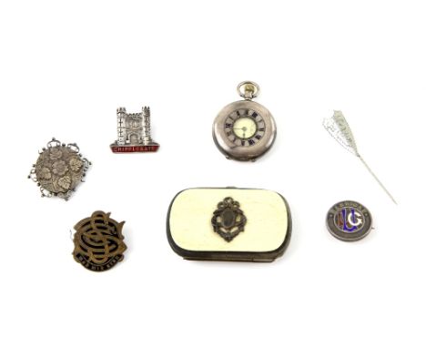 Jewellery box, including late Victorian silver brooch, shield shaped stick pin, silver half hunter pocket watch, a pair of Vi