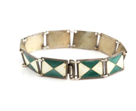 Norwegian silver and enamel bracelet, green and white triangle pattern on plaque links, by Kristian M. Hestenes, Bergen, arro