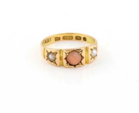 Victorian ring set with coral and pearl in star settings, 15 ct gold, Birmingham 1899, ring size M .     CONDITIONgood slight
