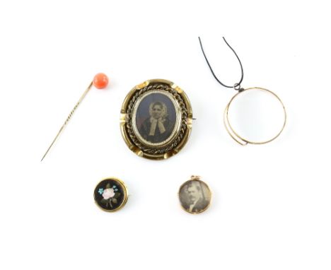 Mixed group of antique items, Victorian coral stick pin, cabochon cut coral, 12mm in diameter, magnifying glass pendant on ra