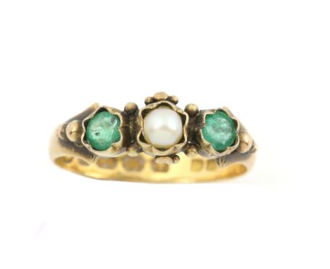 Victorian emerald and pearl set ring in scalloped edge setting, 18 ct gold, ring size K1/2 .     CONDITION