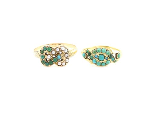 Two Edwardian knot rings, one set with blue and green turquoise stones, 18 ct gold, size H and another turquoise and seed pea