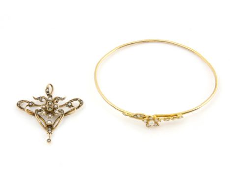 Art Nouveau period pearl pendant, set with seed pearls, articulated bail, 3.5 x 3.4cm and Edwardian floral seed pearl bangle,
