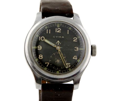 CYMA  gentleman's stainless steel cased military wristwatch ,The signed war department black dial with Broad arrow,Arabic num