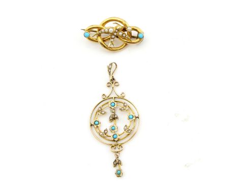 Edwardian seed pearl and turquoise pendant, central floral garland in round borders, 6 x 2.5cm and seed pearl and turquoise S