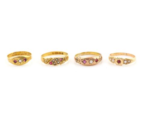 A  gold ring with pink cabochon and pearl, in 22 ct gold C 1860, and three similar antique rings, set with ruby and pearl.   