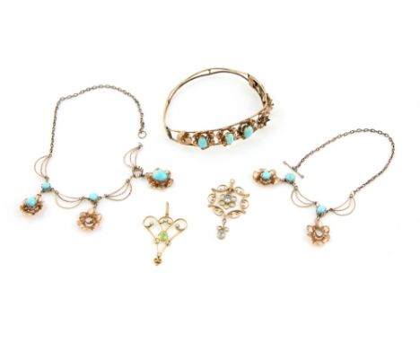 A group of Edwardian jewellery, including a matching bangle and necklace set, mounted with blue hard stones, two pendants, on