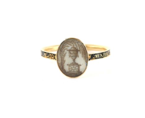 Georgian mourning ring, oval glazed panel with hair work image of an urn, black enamel band reads ' Marg.t Farquharson. O.B. 