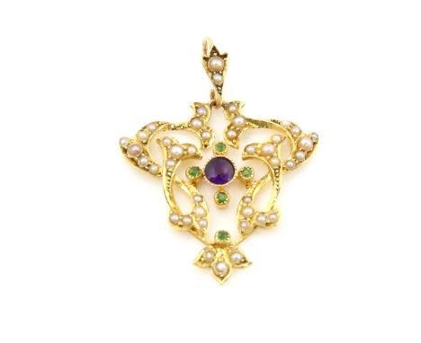 Edwardian pendant in  Suffragette colours, central round cut amethyst, set with five round cut peridot, in scrolling seed pea