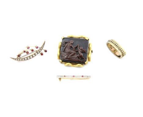  Victorian wirework scarf clip, testing as 15 ct, an old cut diamond and synthetic ruby set bar brooch, stamped 14 ct, Edward