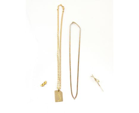 A group of gold jewellery, engraved golf pendant and flat curb link chain, golf club stick pin, flat link necklace, six pairs