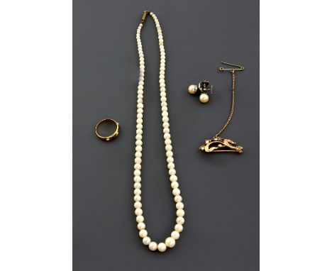 Victorian jewellery, a pearl set brooch in 15 ct gold, a ruby and pearl set ring in 18 ct gold, graduated pearl necklace to a