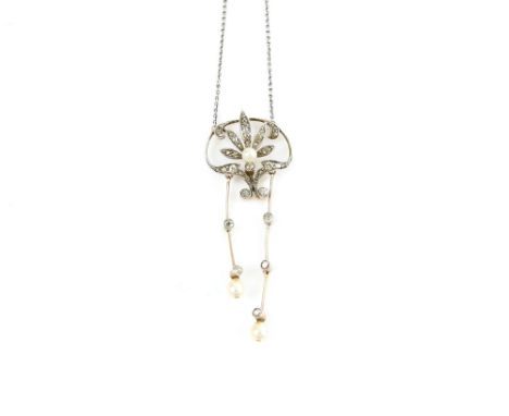Edwardian negligee pendant set with diamond and pearl central leaf form and two drops, mount platinum and 15 ct gold, pendant