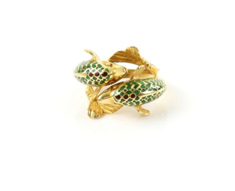 Continental gold and enamel ring modelled as two fish in 18 ct gold, possibly Greek marks, ring size M 1/2  .     Gross weigh