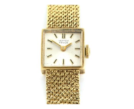 Vintage ladies Vertex Revue gold watch, square dial with baton hour markers, signed Vertex Revue, fitted with a 17 Jewel manu