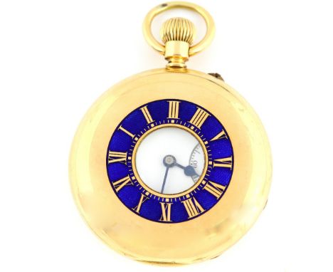 1930's half hunter pocket watch, blue enamel bezel, enamel dial with Roman numerals, subsidiary dial and minute track, fitted