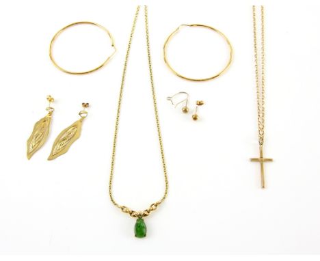 A group of gold jewellery, a pair of hoops, testing as 18ct, nephrite jade necklace, 42.5cm in length, clasp stamped 14 ct, c