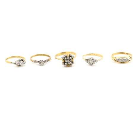 Five diamond rings, one vintage set with stones in grid pattern, a diamond cluster and three Edwardian rings, all in 18 ct go