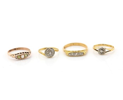 Four antique gold rings, three 18 ct and one 9 ct, all set with diamonds one with diamond and pearl .     CONDITION18 ct 7.8 