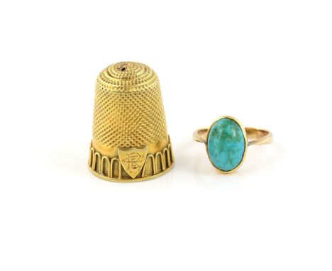 Mixed group of gold jewellery, antique thimble with monogrammed shield cartouche, in 15 ct, modern oval cabochon cut blue har