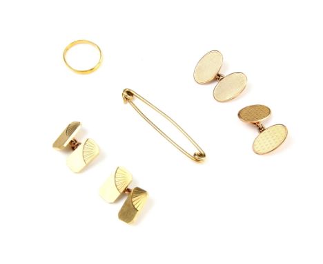 Two pairs of  gold cufflinks, one with sunburst design another with engine turned decoration, and a tie pin, all 9 ct, togeth