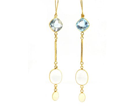 A pair of long drop earrings, set with blue topaz, moonstone and opal, 14 ct gold, length 6.3 cm .     CONDITION