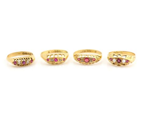 Four Edwardian gold rings, two ruby and diamond, another with synthetic ruby and a ruby and pearl ring, 18 ct gold, all dated
