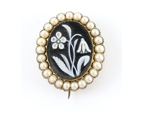 Victorian seed pearl mourning brooch, central floral banded agate panel, with hair panel to back, reverse engraved 'In rememb