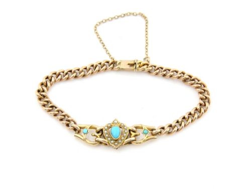 Edwardian turquoise and seed pearl heart bracelet, curb link chain and concealed clasp with safety chain, in 9 ct yellow gold