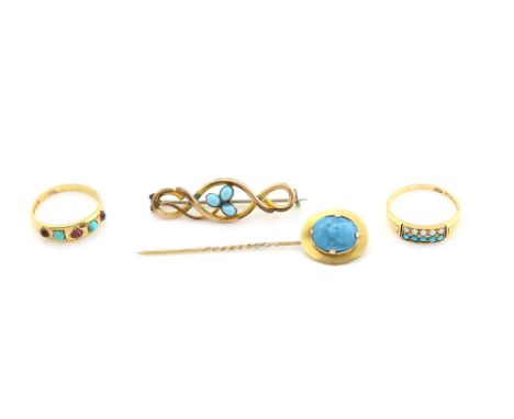 A group of antique jewellery, a pearl and turquoise set ring, in 18 ct gold, dated Birmingham 1899, a turquoise and garnet ri