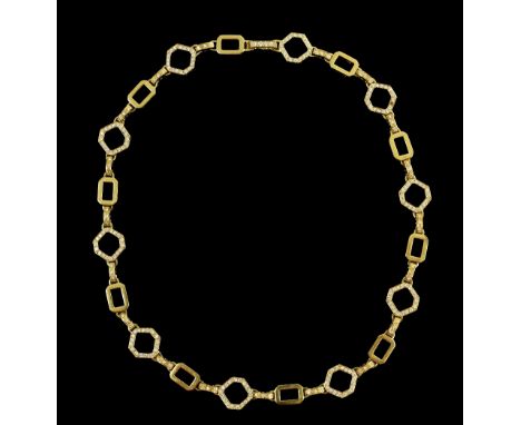 Vintage diamond necklace, octagonal form and bar links set with round brilliant cut diamonds, alternately set with rectangula