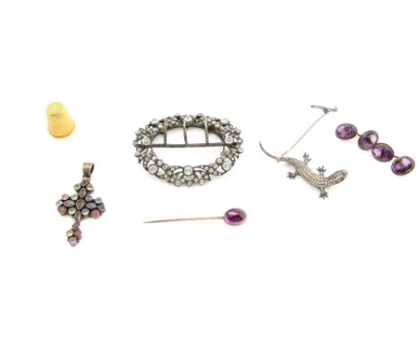 Mixed group of jewellery, a pair Victorian of amethyst set cufflinks with wirework boarders, foil backed amethyst stick pin, 