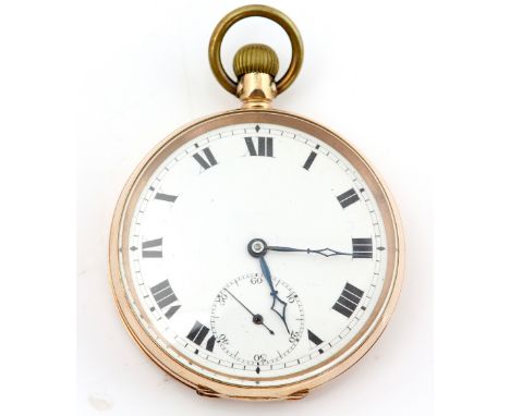 1920's open faced pocket watch, enamel dial with Roman numerals, railway minute track and subsidiary dial, lever wound 15 jew