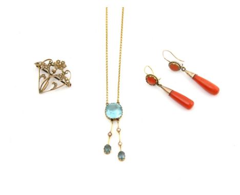 Edwardian pendant, central blue paste stone, with  two blue topaz and seed pearl set drops, integrated belcher link chain mou