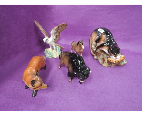 Five Sylvac studies Otter with fish 3459, Kestrel, Bison, Fox and Horse