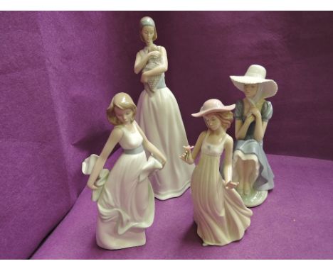Four Nao figurines, Light of my Life 1413 & girl with flower, girl dancing and girl wearing bonnet