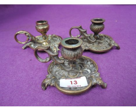 A selection of vintage brass cast chamber sticks with pair as scotch thistle