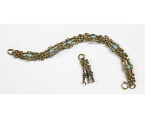 A rolled gold three row gate bracelet, set with stained howlite and cultured pearls to centre (one pearl deficient) clasp mar