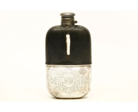 A silver, leather and glass hip flask, Sheffield 1884