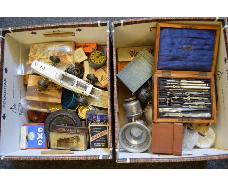 A collection of various collectable tins, together with an AA bade, a novelty money box, commemorative wares to include a Bre