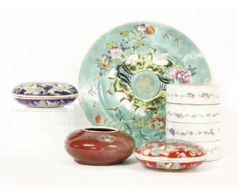 A collection of Chinese ceramics, including a famille rose three tier boxes, two seal boxes, a dish with cranes surrounding a